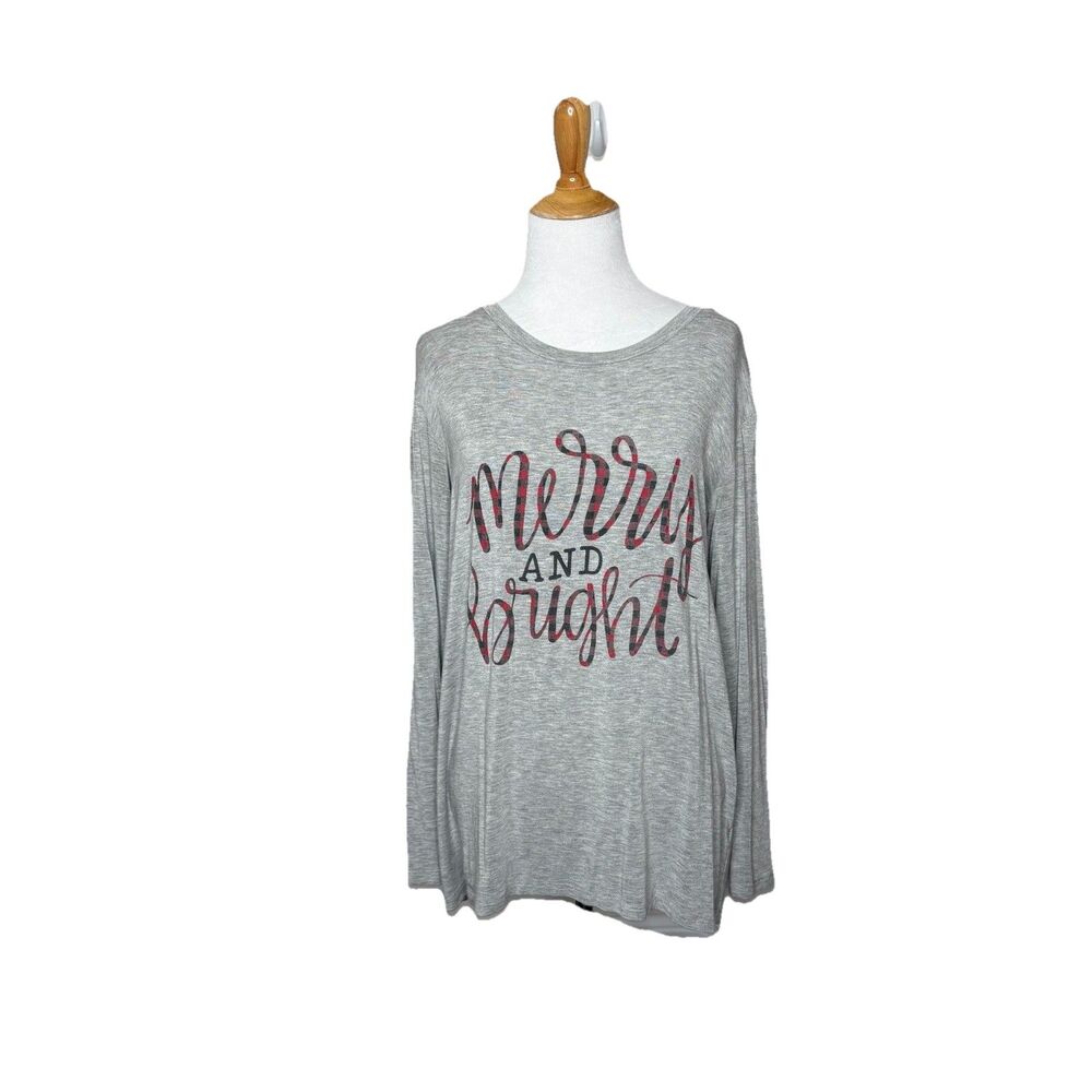 Zutter Merry Christmas Plaid Script Christmas Grey Gray Long Sleeve Top Sz Med